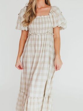 Neutral Beige Gingham Smocked Maxi Dress